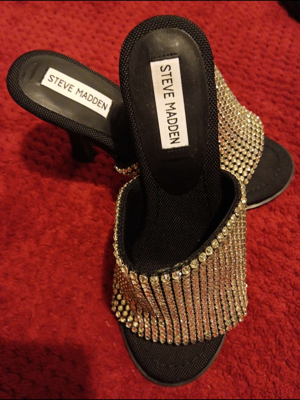 Steve Madden Womens Black Heeled Slide Sandals with Gold Rhinestone Straps
